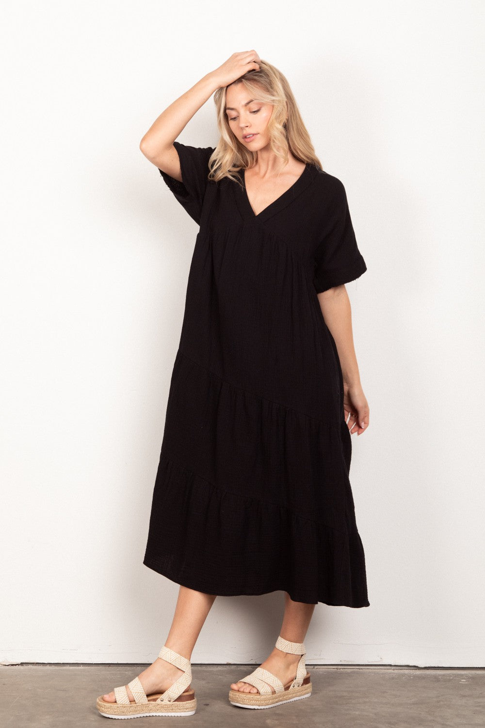 Gabbi Gauze Midi Dress - Black