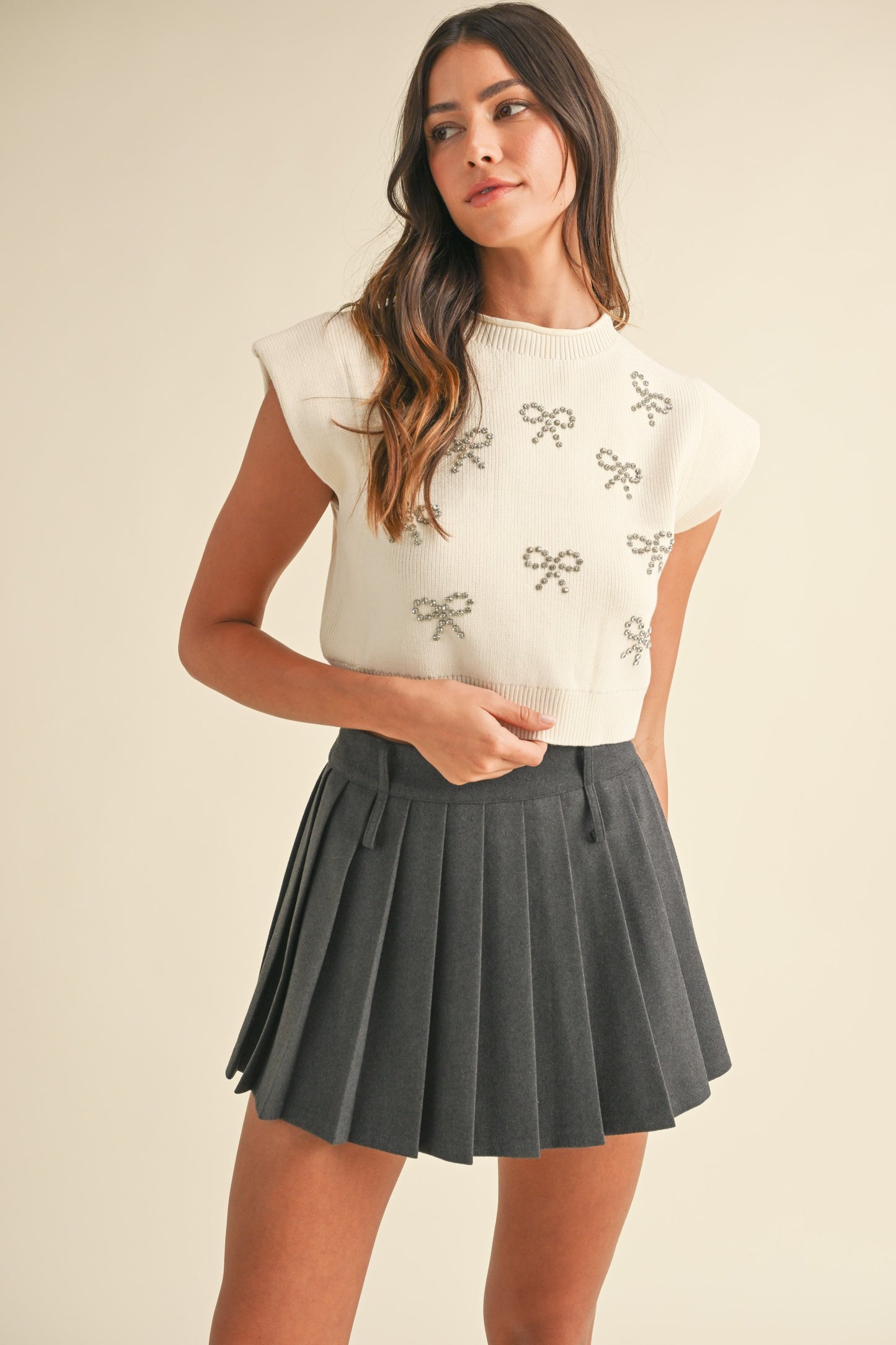 Rhinestone Bow Knit Top