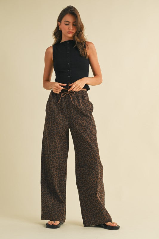 LEOPARD PRINT WIDE LEG DENIM TRACK PANTS - BIRD BEE