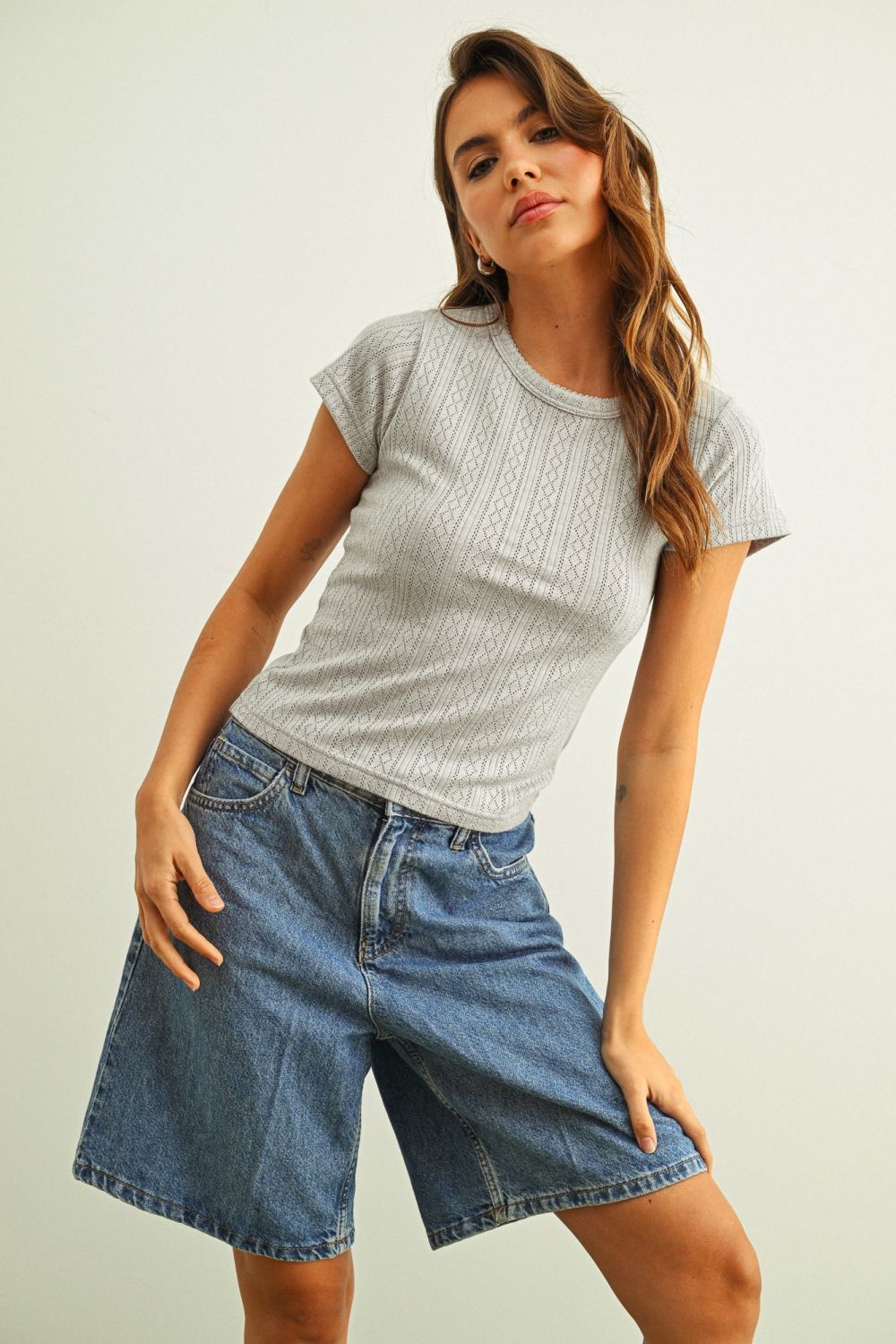 Pointelle Knit Tee - Grey