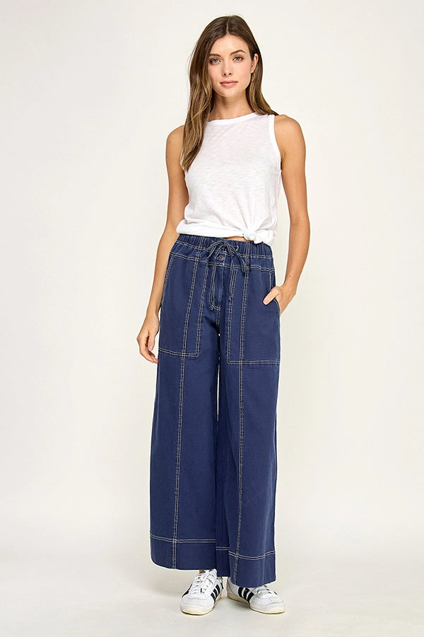 Cotton Twill Wide Leg Pant - Navy