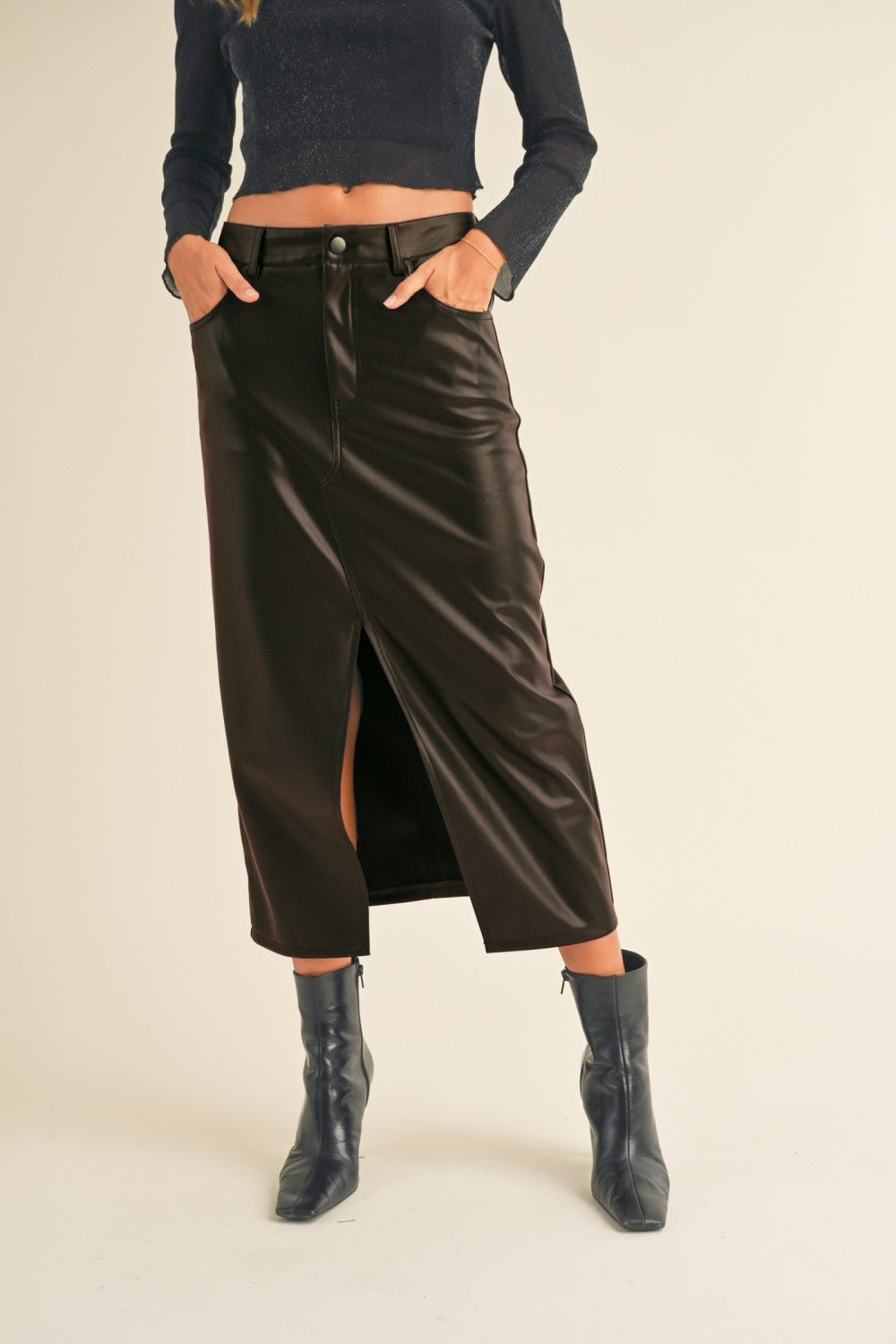 Front Slit Faux Leather Skirt