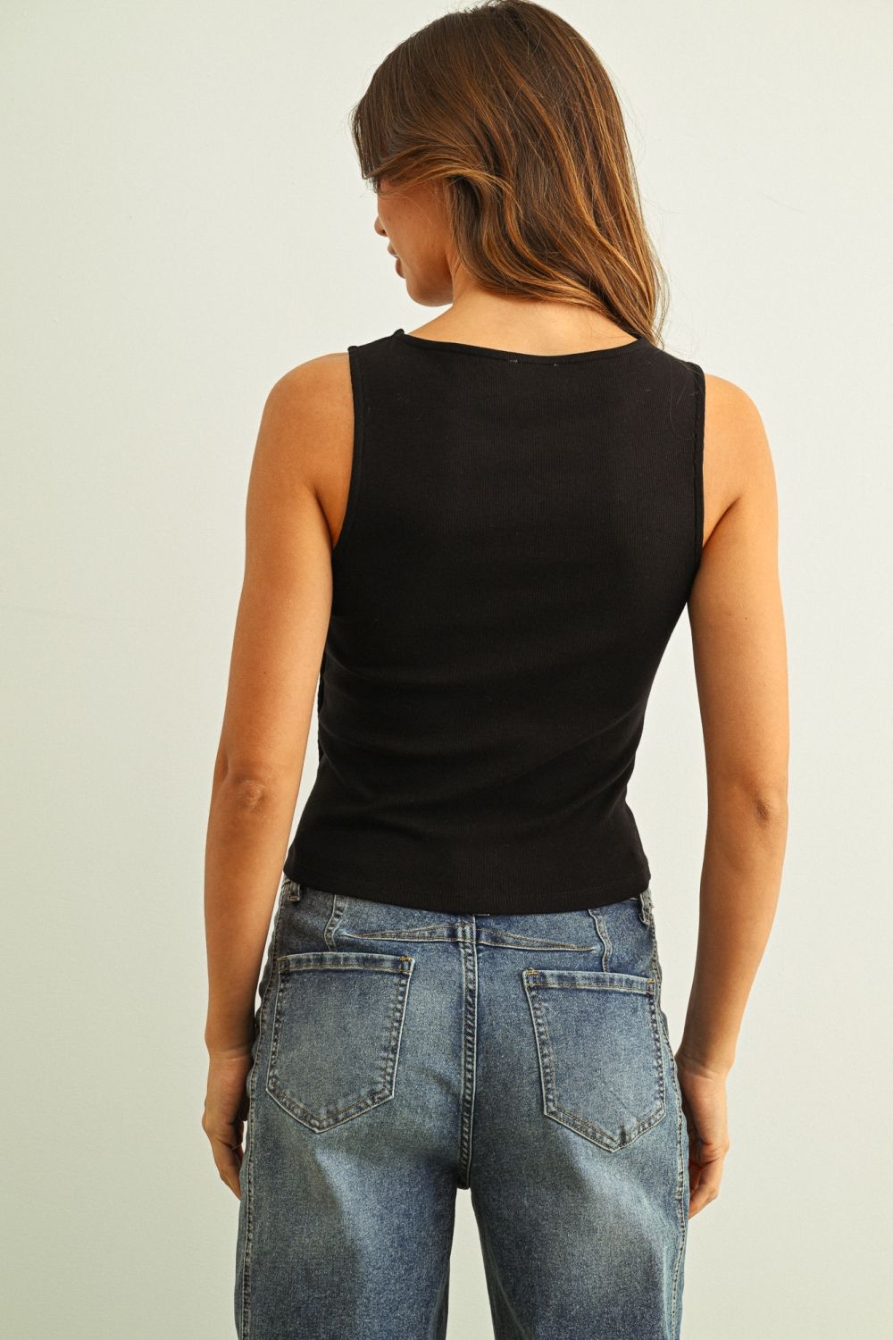 U Neck Ribbed Tank - Black