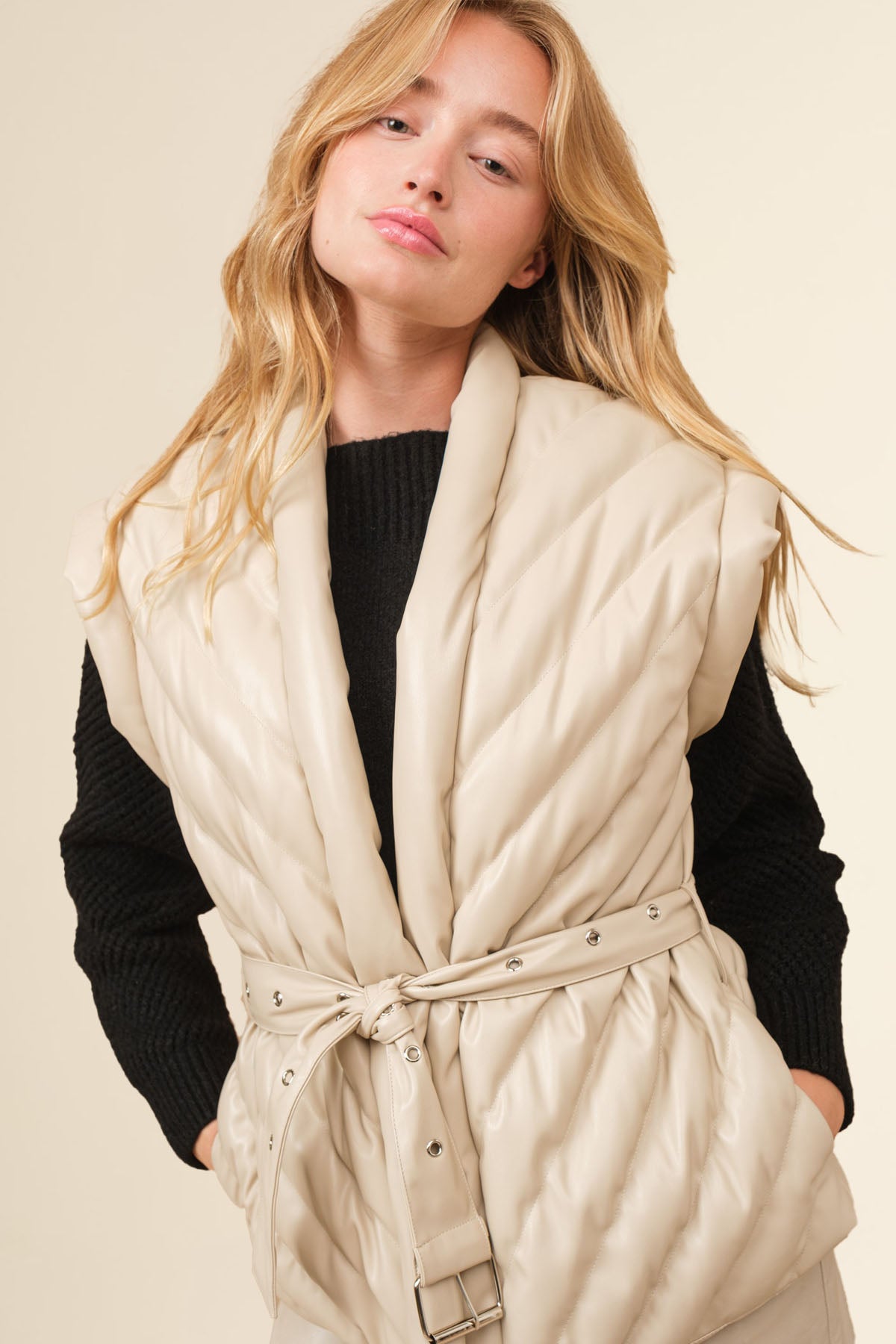 Gunner Faux Leather Vest - Beige
