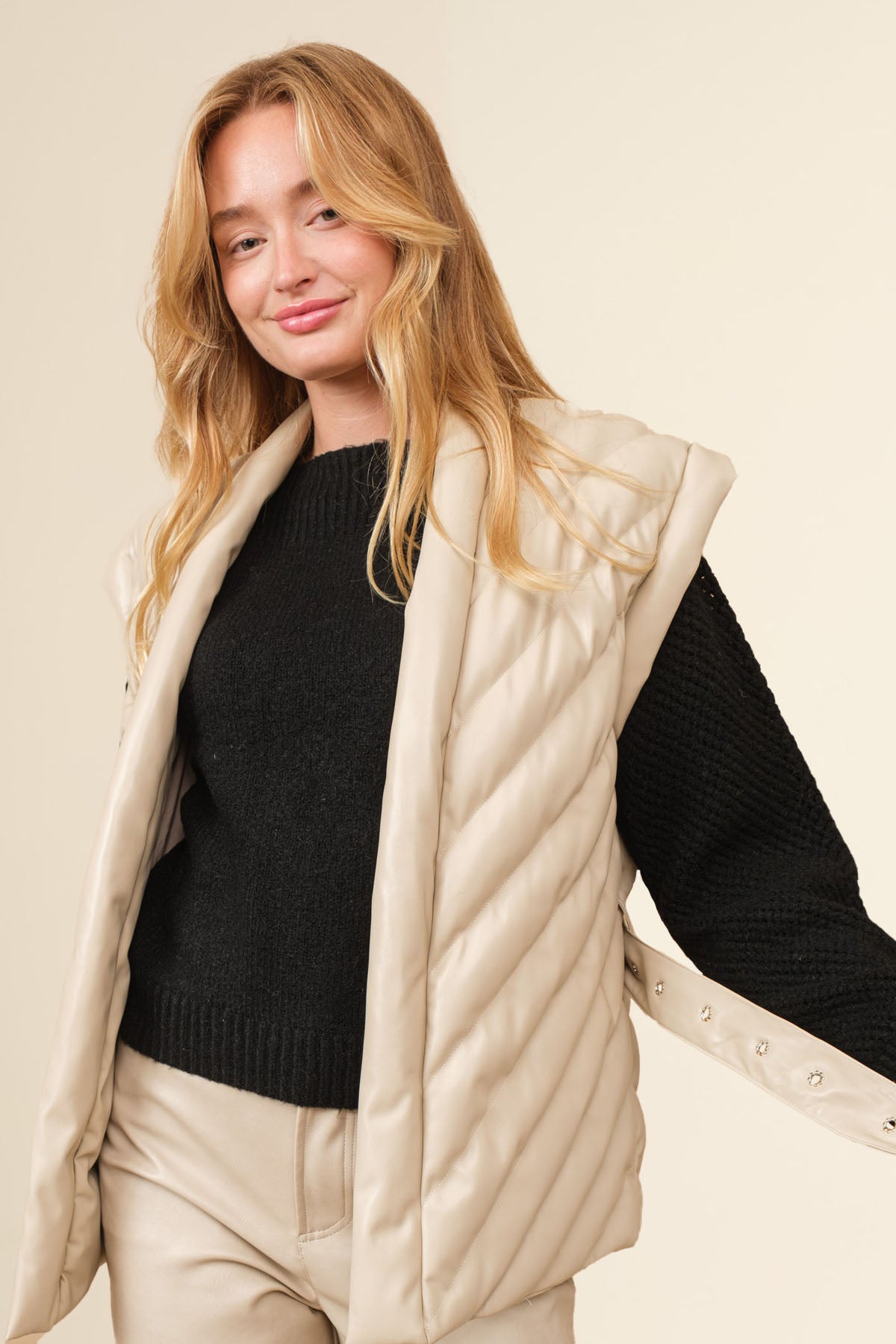 Gunner Faux Leather Vest - Beige