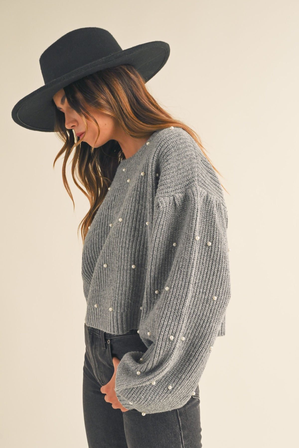 Charlotte Pearl Beaded Sweater - Grey