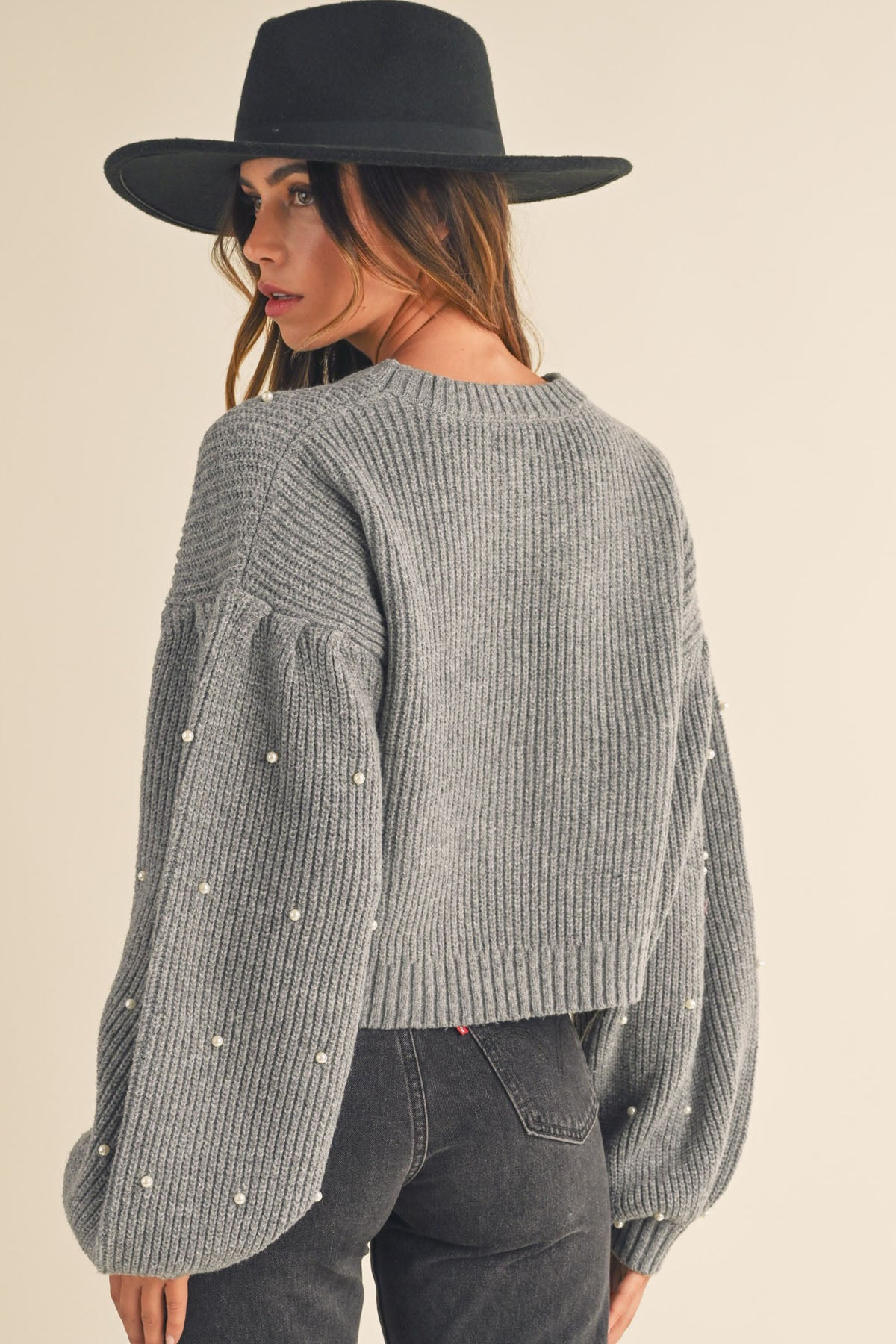 Charlotte Pearl Beaded Sweater - Grey