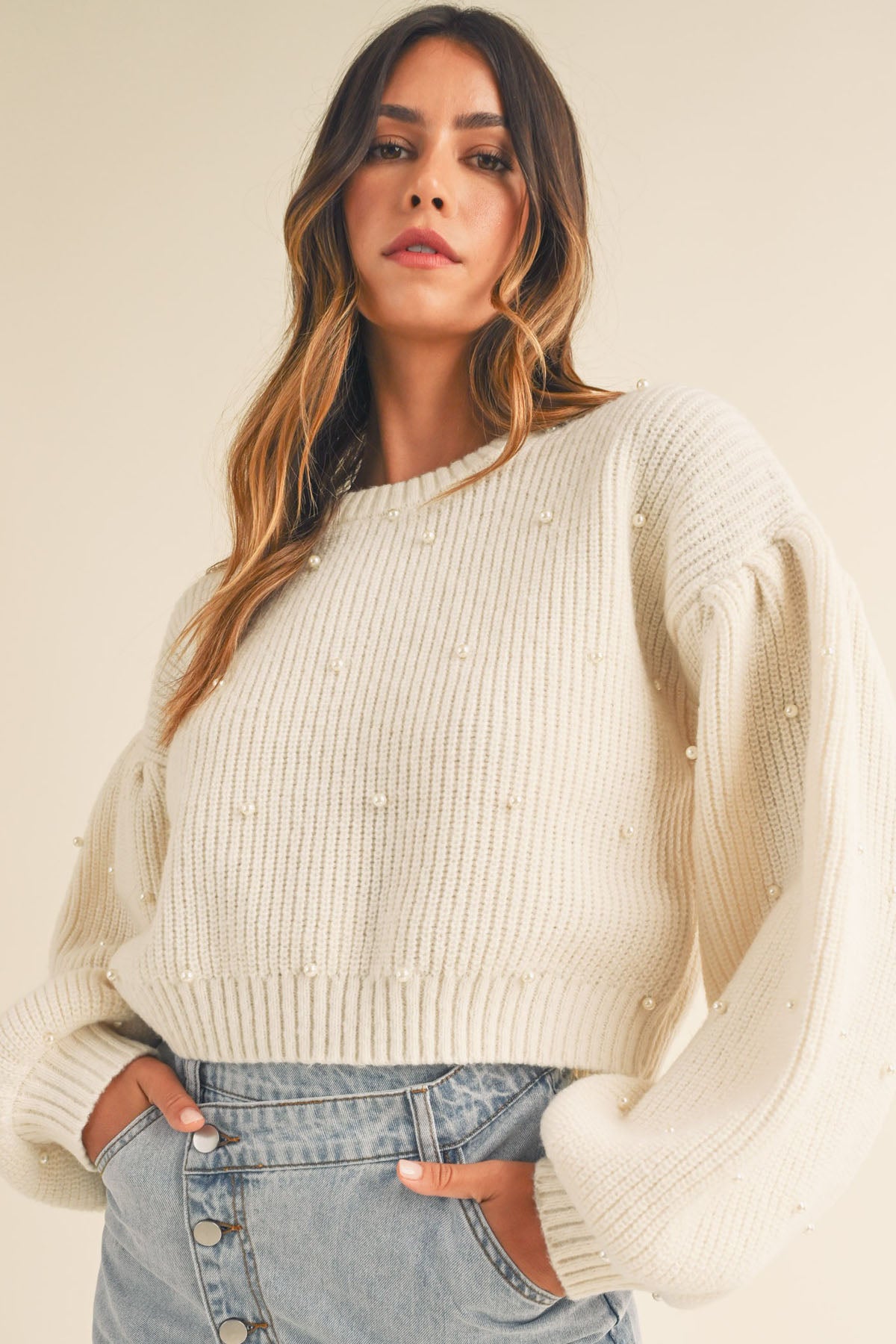 Charlotte Pearl Beaded Sweater - Cream