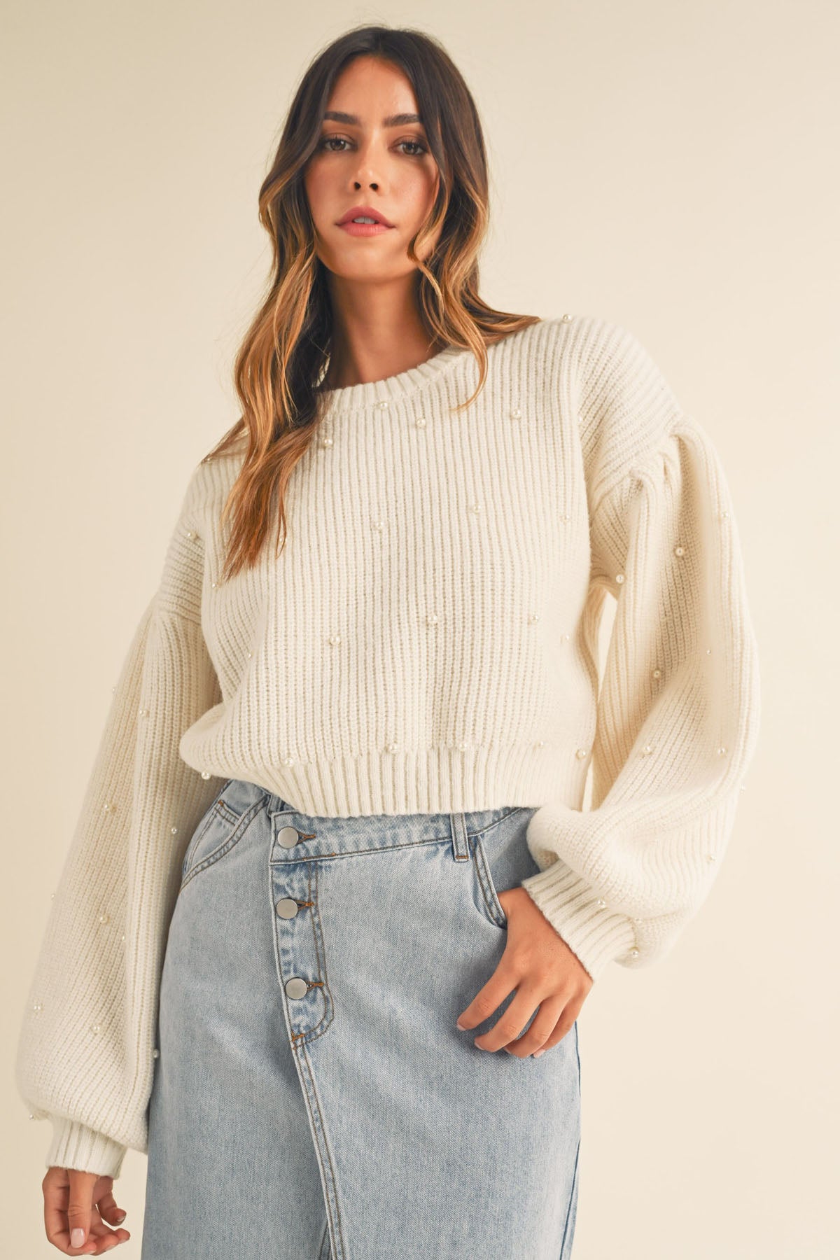 Charlotte Pearl Beaded Sweater - Cream