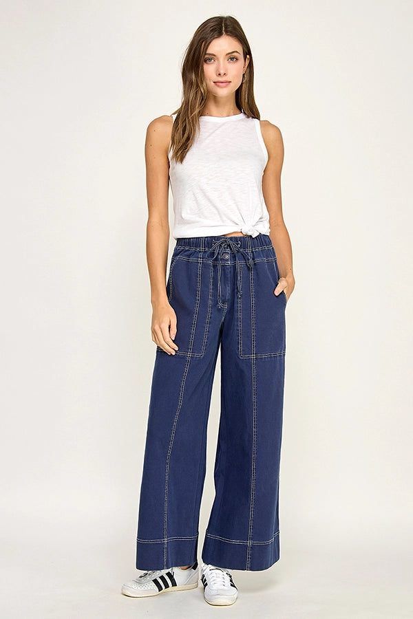 Cotton Twill Wide Leg Pant - Navy
