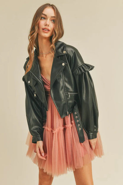 Ruffle Faux Leather Moto Jacket