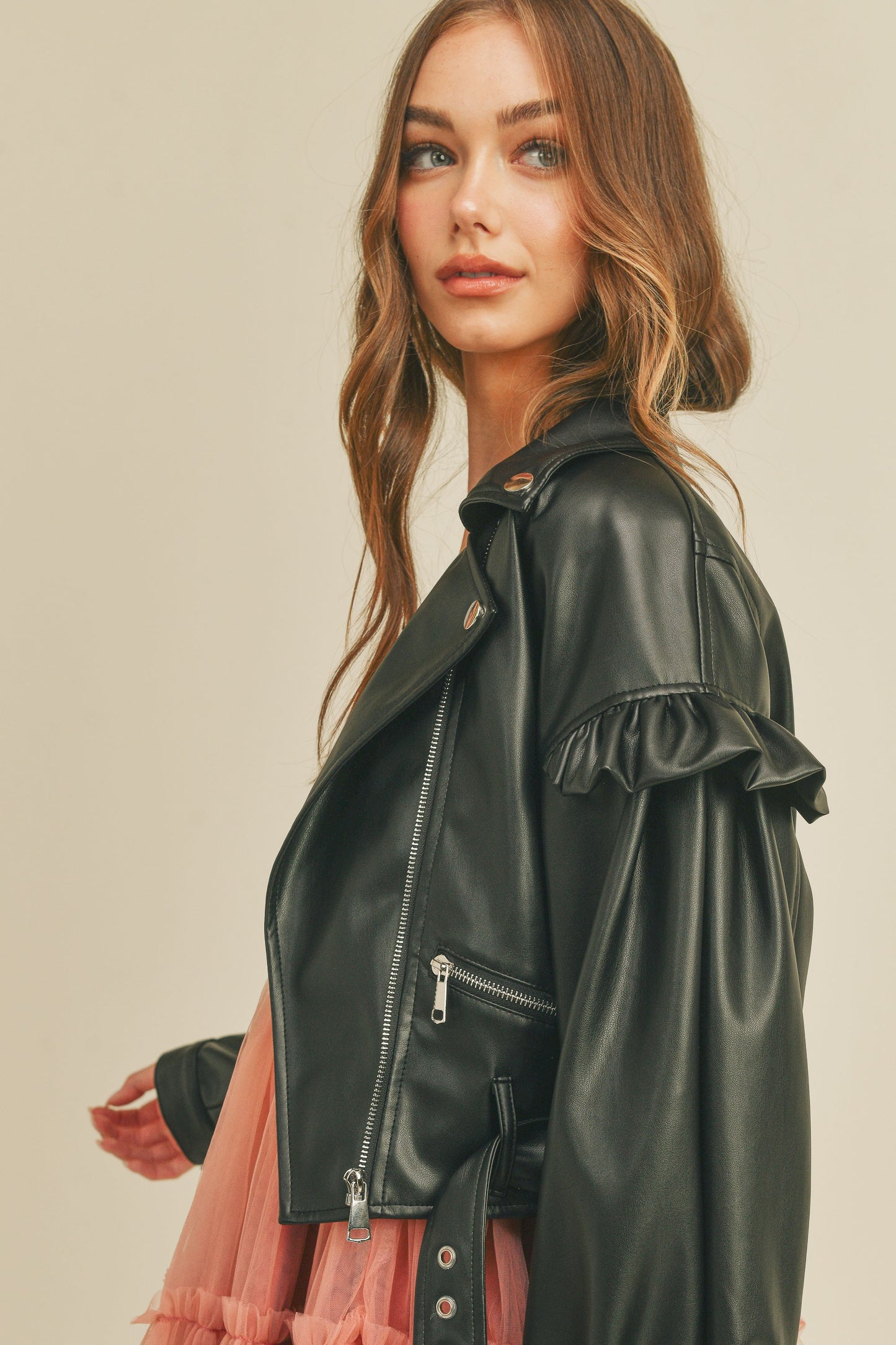 Ruffle Faux Leather Moto Jacket