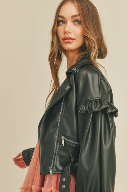 Ruffle Faux Leather Moto Jacket