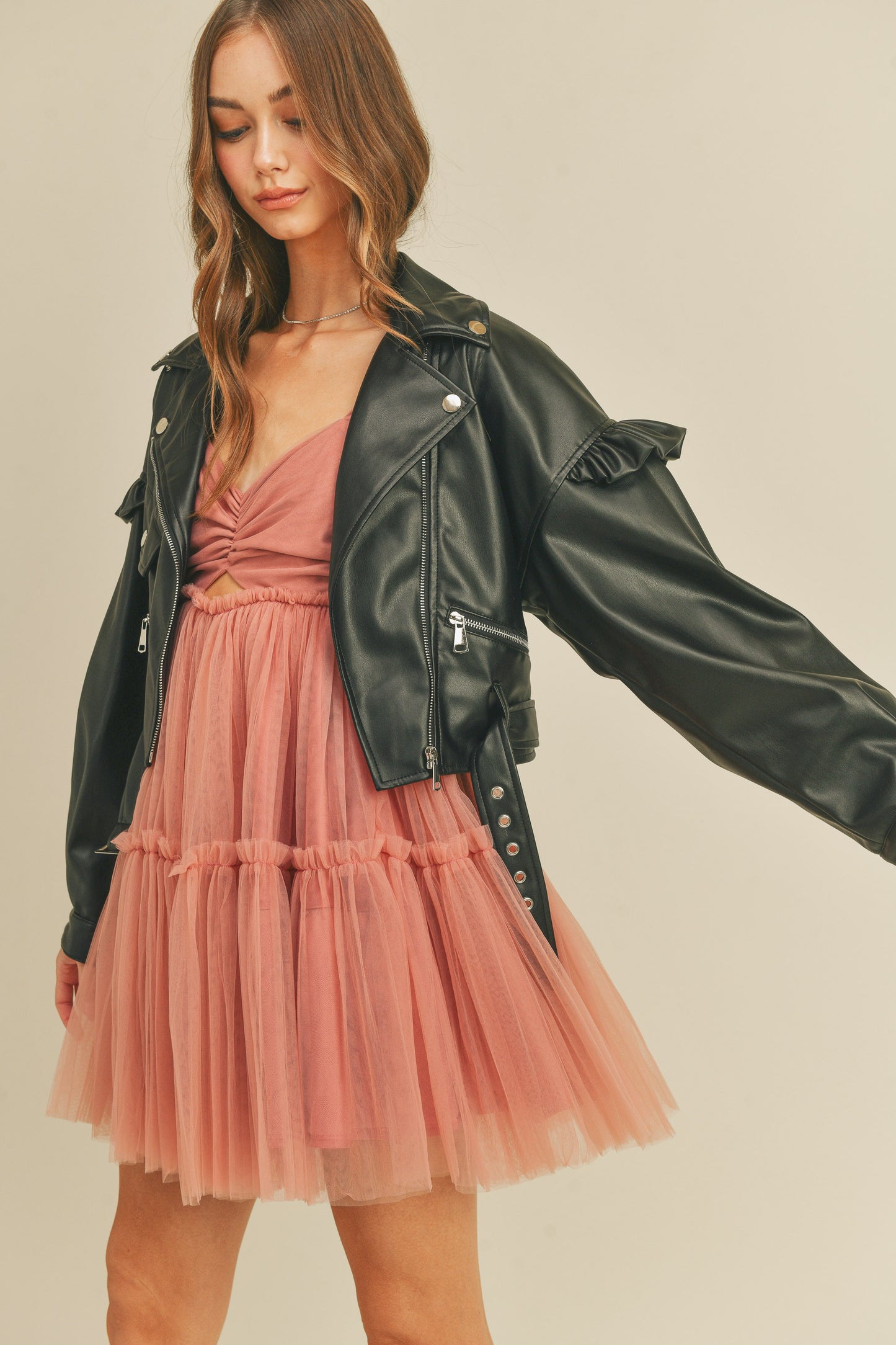 Ruffle Faux Leather Moto Jacket