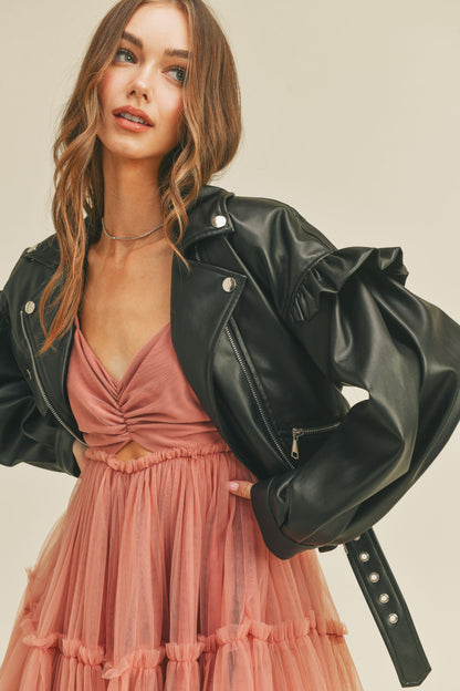 Ruffle Faux Leather Moto Jacket