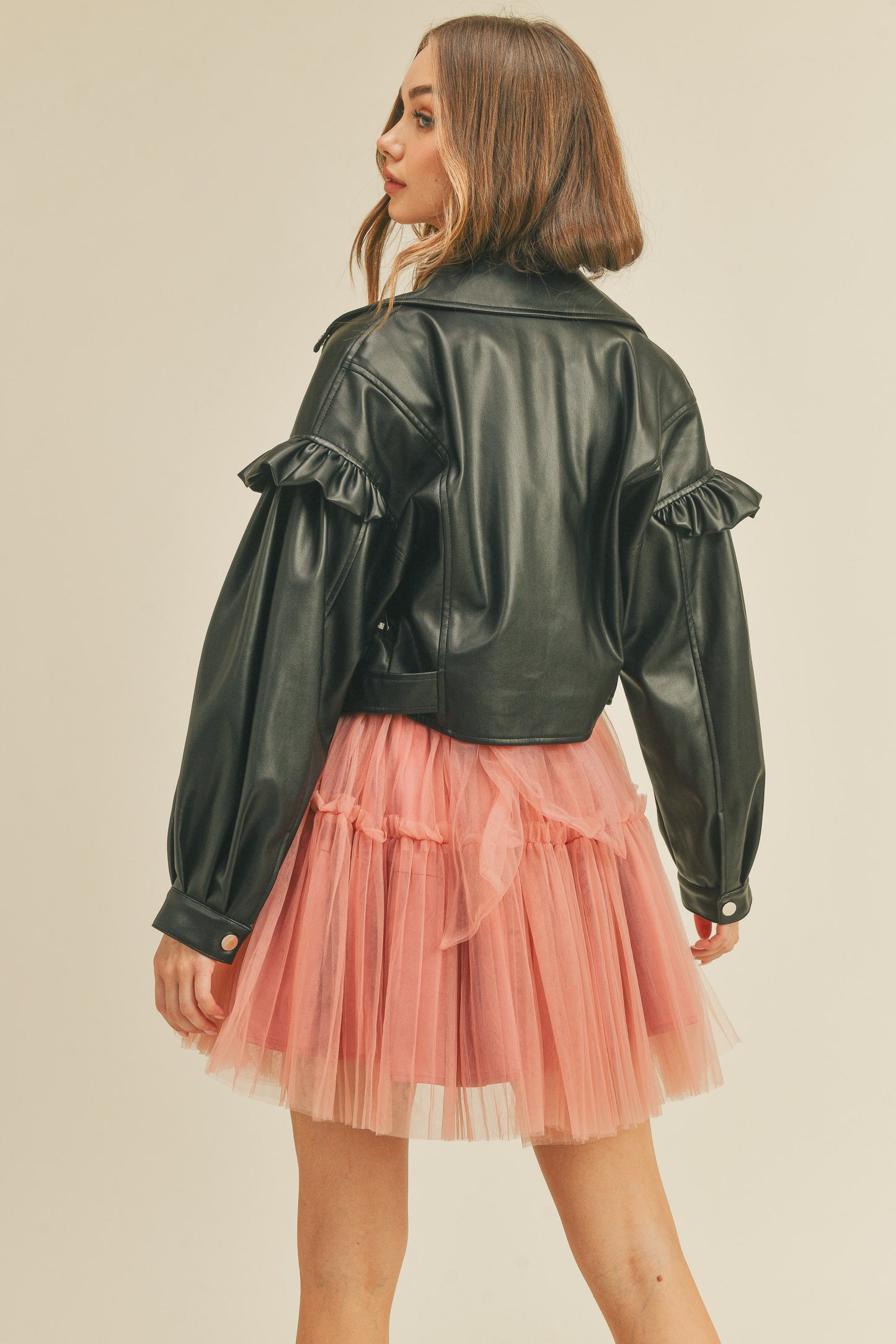 Ruffle Faux Leather Moto Jacket