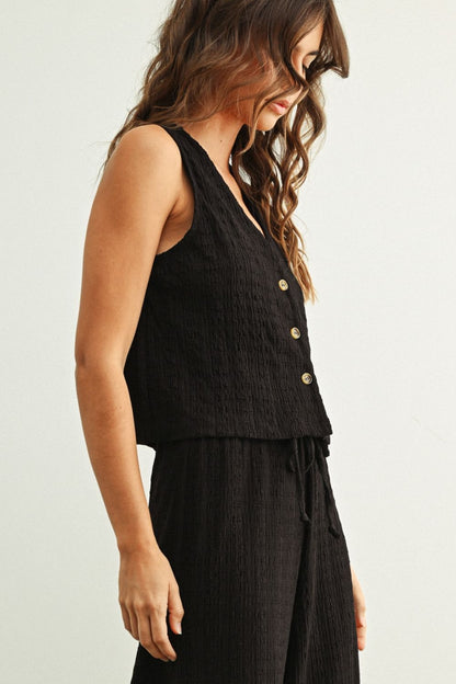 Crinkle Button Front Tank
