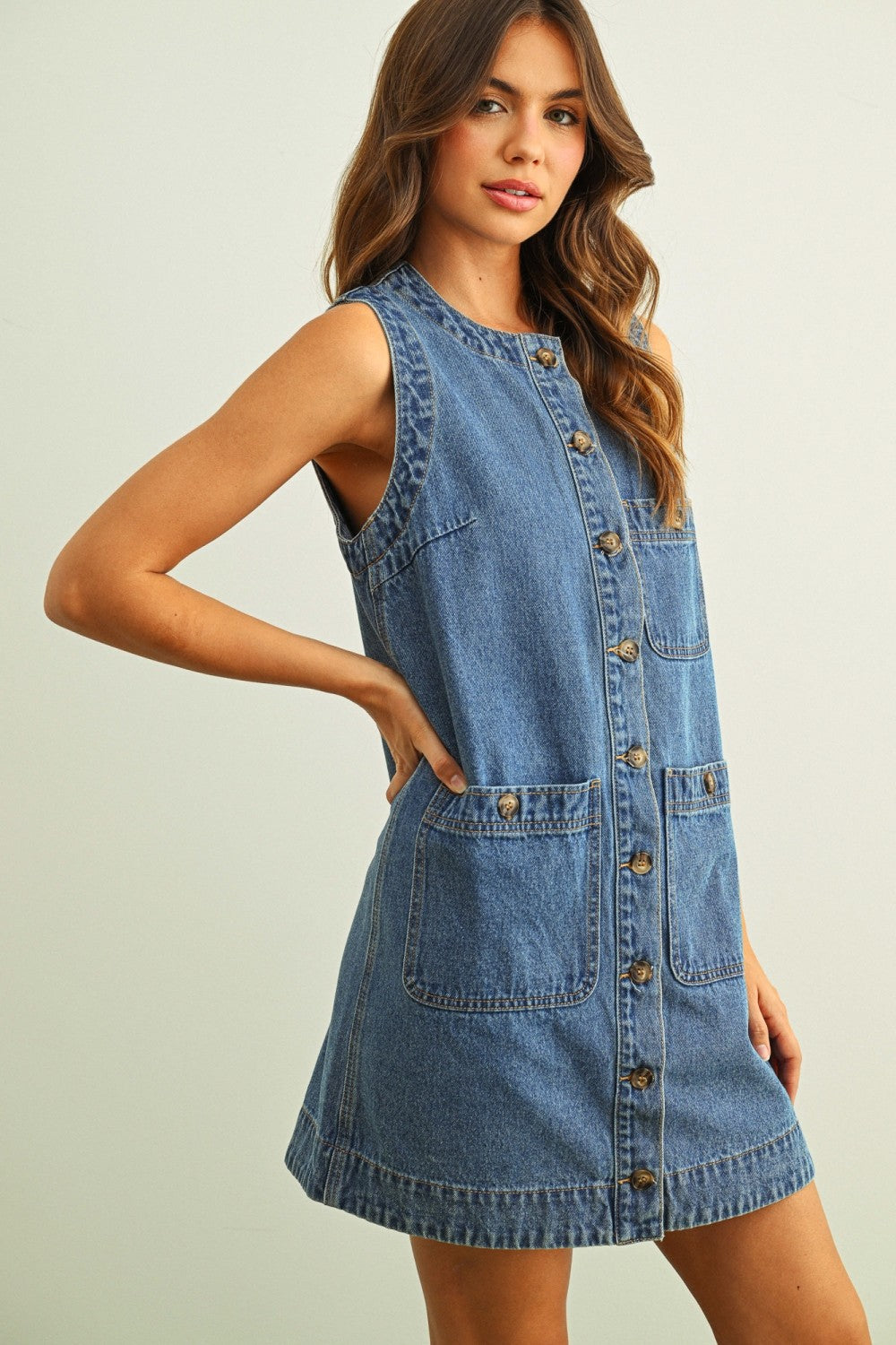 Sleeveless Button Front True Denim Dress - BIRD BEE