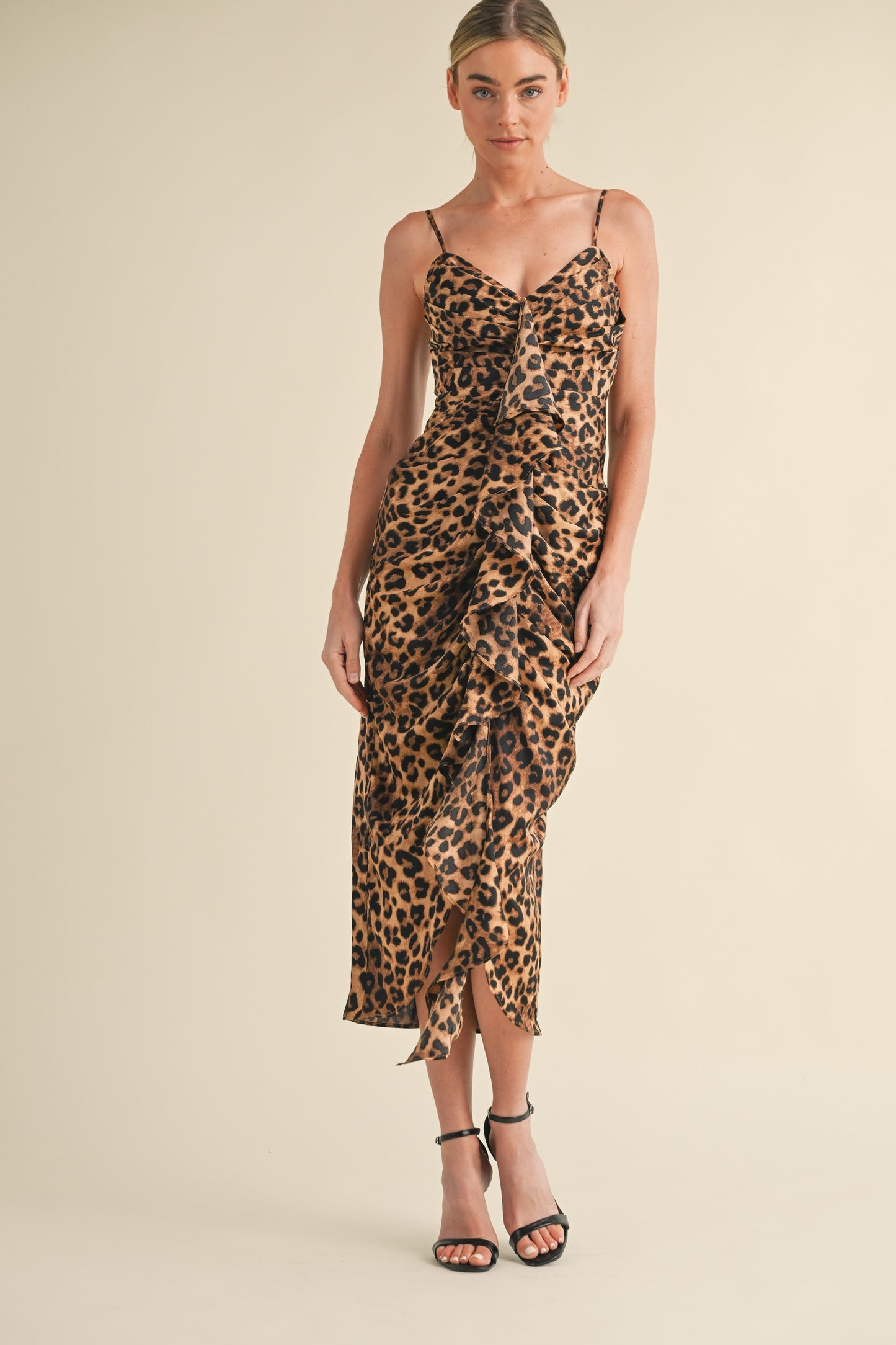 Leopard Ruched Midi Dress