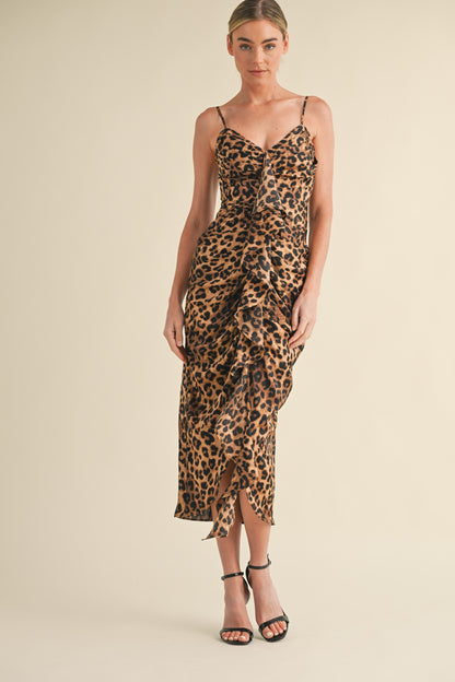 Leopard Ruched Midi Dress