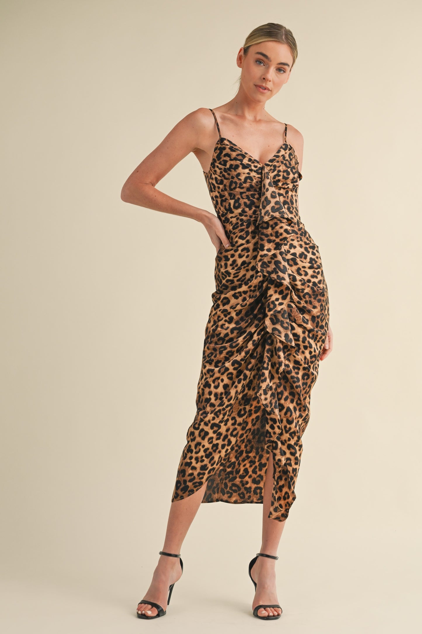 Leopard Ruched Midi Dress