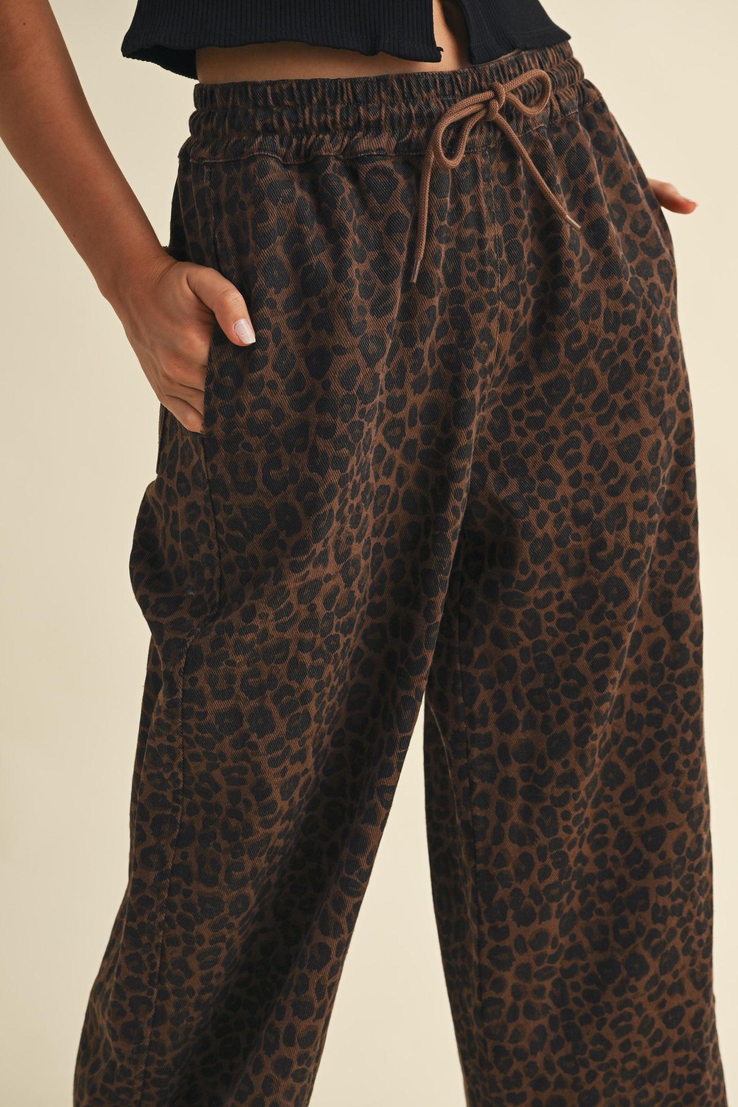 LEOPARD PRINT WIDE LEG DENIM TRACK PANTS - BIRD BEE