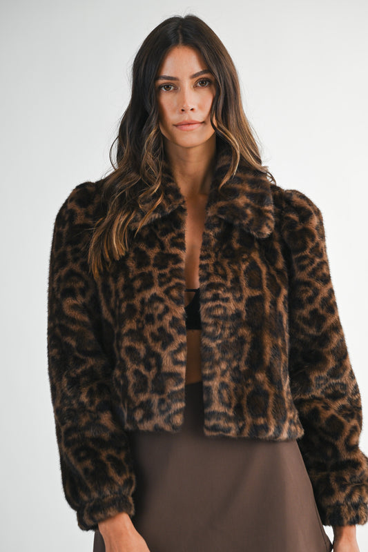 Leopard Faux Fur Collared Crop Jacket