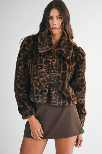 Leopard Faux Fur Collared Crop Jacket