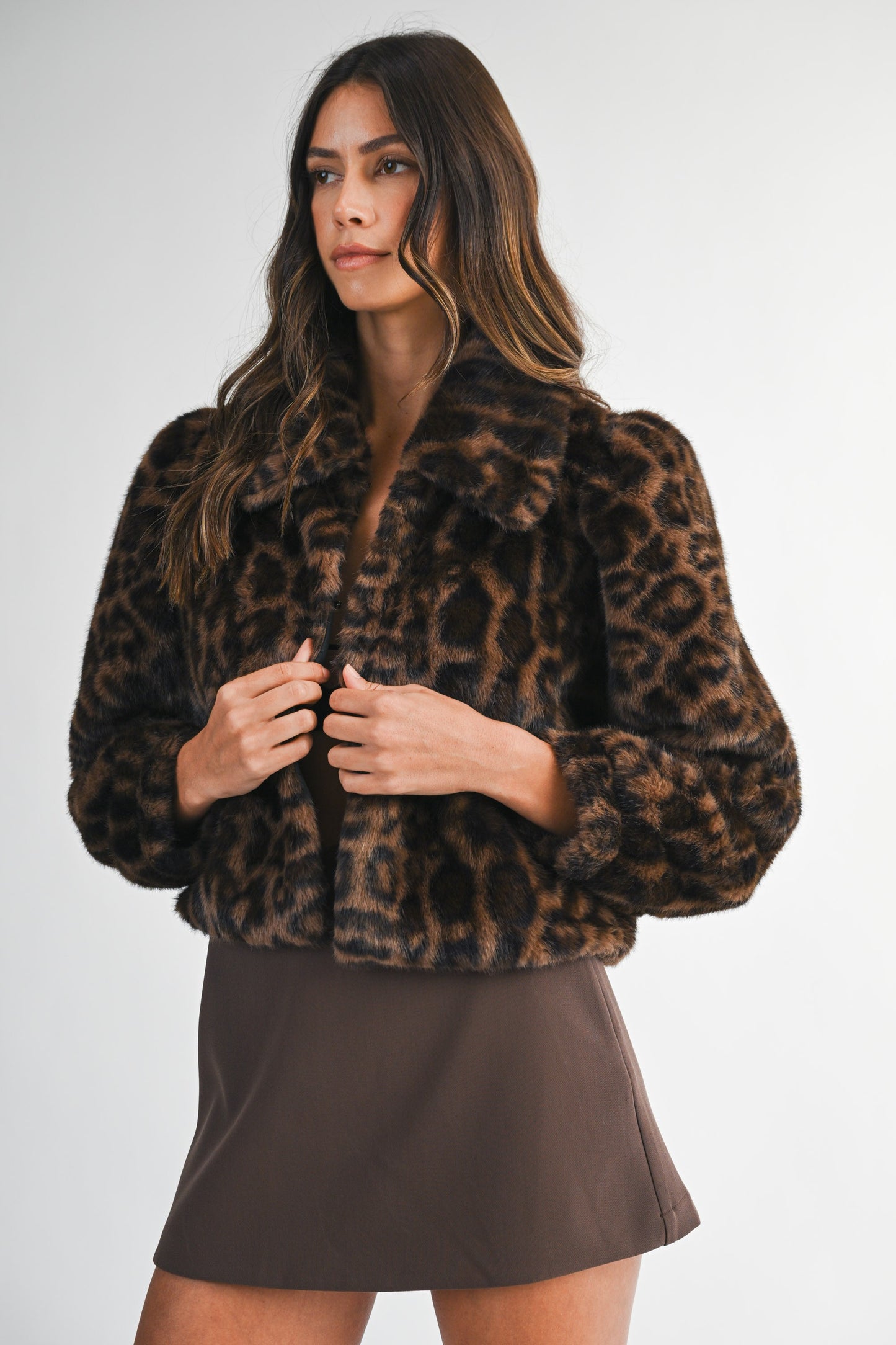Leopard Faux Fur Collared Crop Jacket