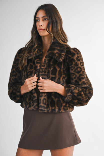 Leopard Faux Fur Collared Crop Jacket