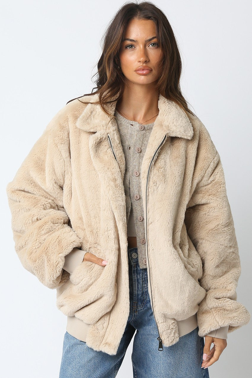 Emmy Faux Fur Bomber - Ecru