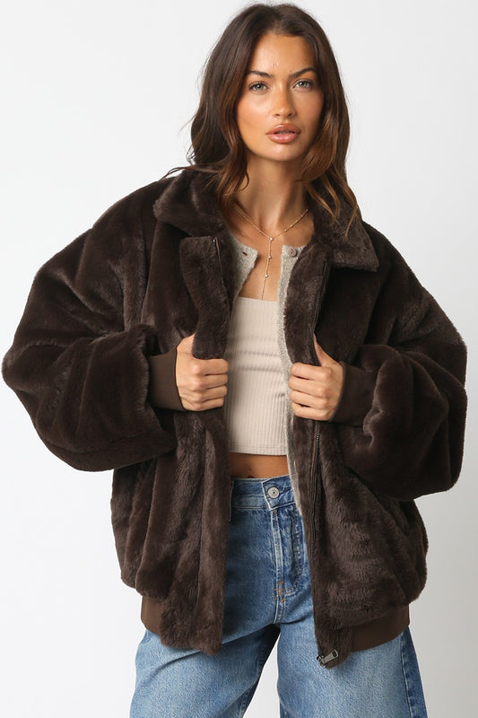 Emmy Faux Fur Bomber - Brown