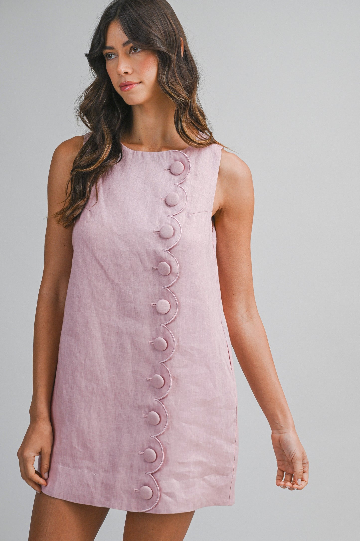 Scalloped Button Linen Mini Dress - Rose