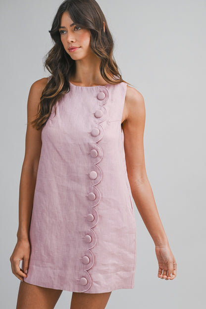 Scalloped Button Linen Mini Dress - Rose