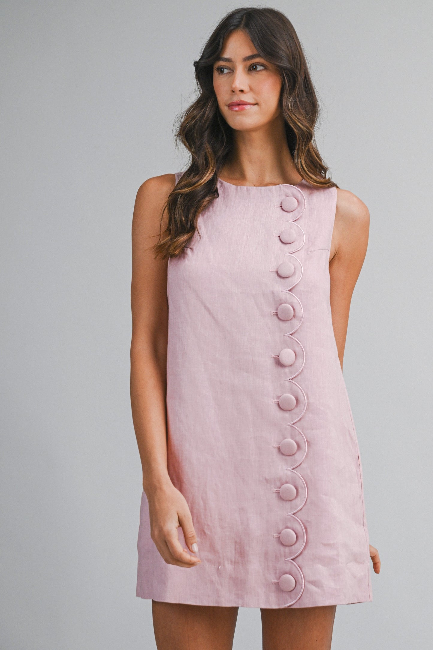 Scalloped Button Linen Mini Dress - Rose