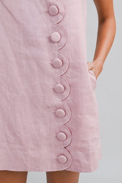 Scalloped Button Linen Mini Dress - Rose