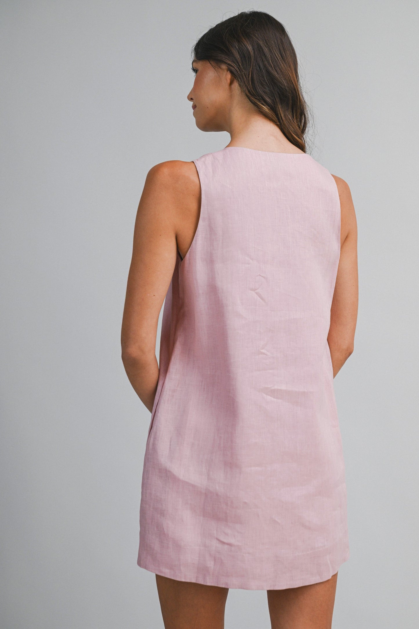 Scalloped Button Linen Mini Dress - Rose