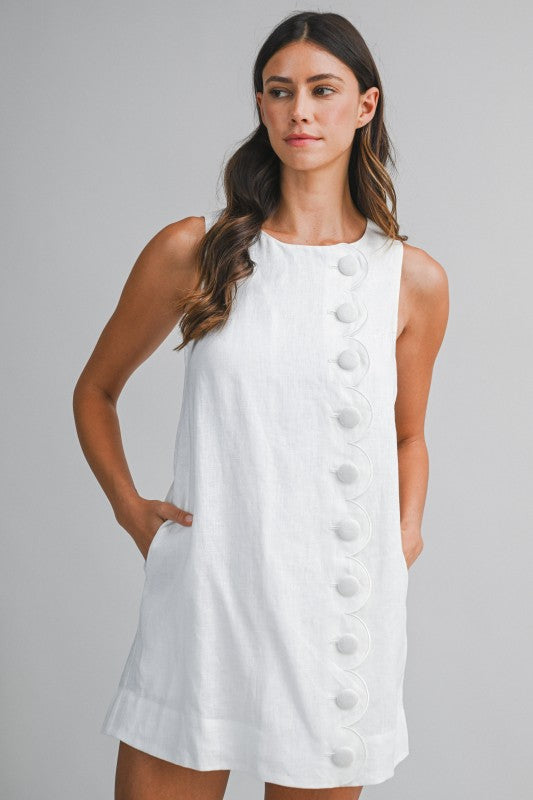 Scalloped Button Linen Mini Dress