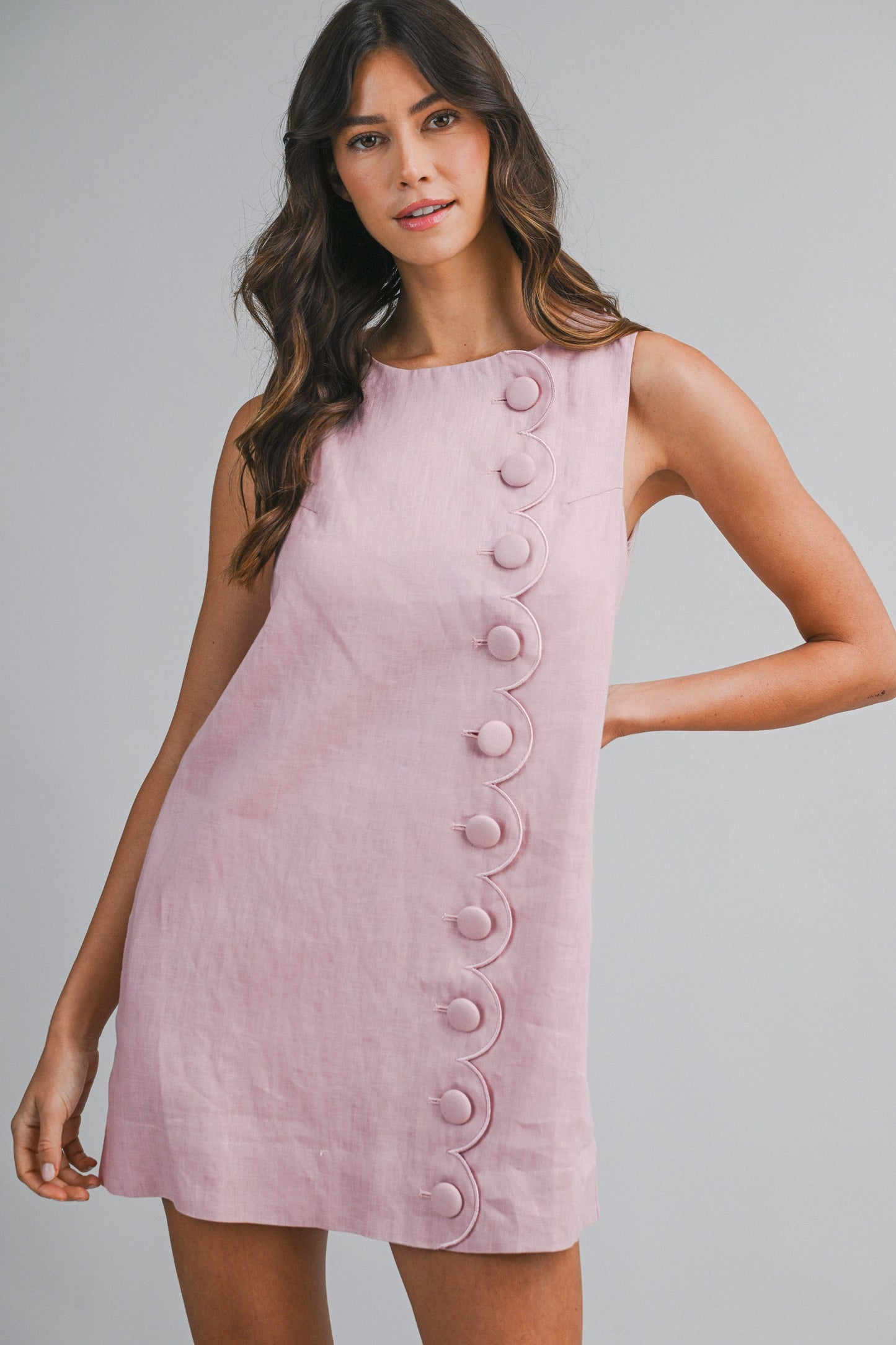 Scalloped Button Linen Mini Dress - Rose