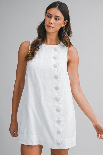 Scalloped Button Linen Mini Dress