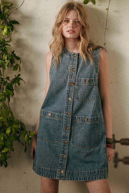 Sleeveless Button Front True Denim Dress - BIRD BEE