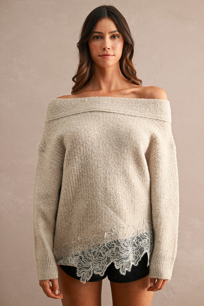 Mara Off Shoulder Lace Hem Sweater