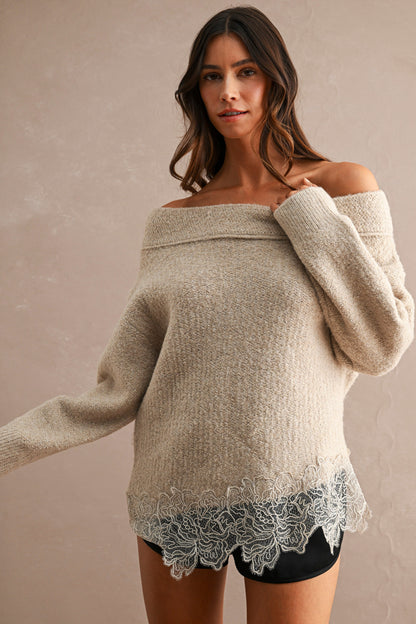 Mara Off Shoulder Lace Hem Sweater