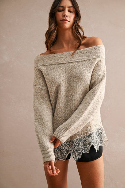 Mara Off Shoulder Lace Hem Sweater