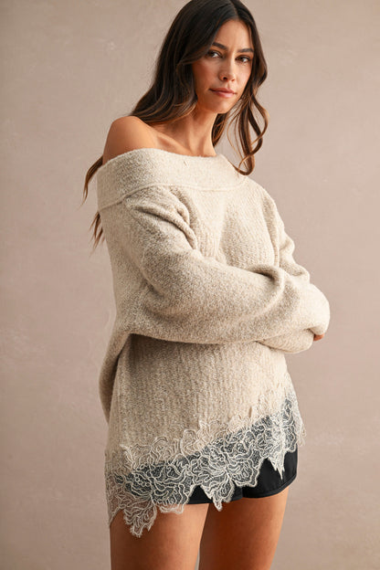 Mara Off Shoulder Lace Hem Sweater