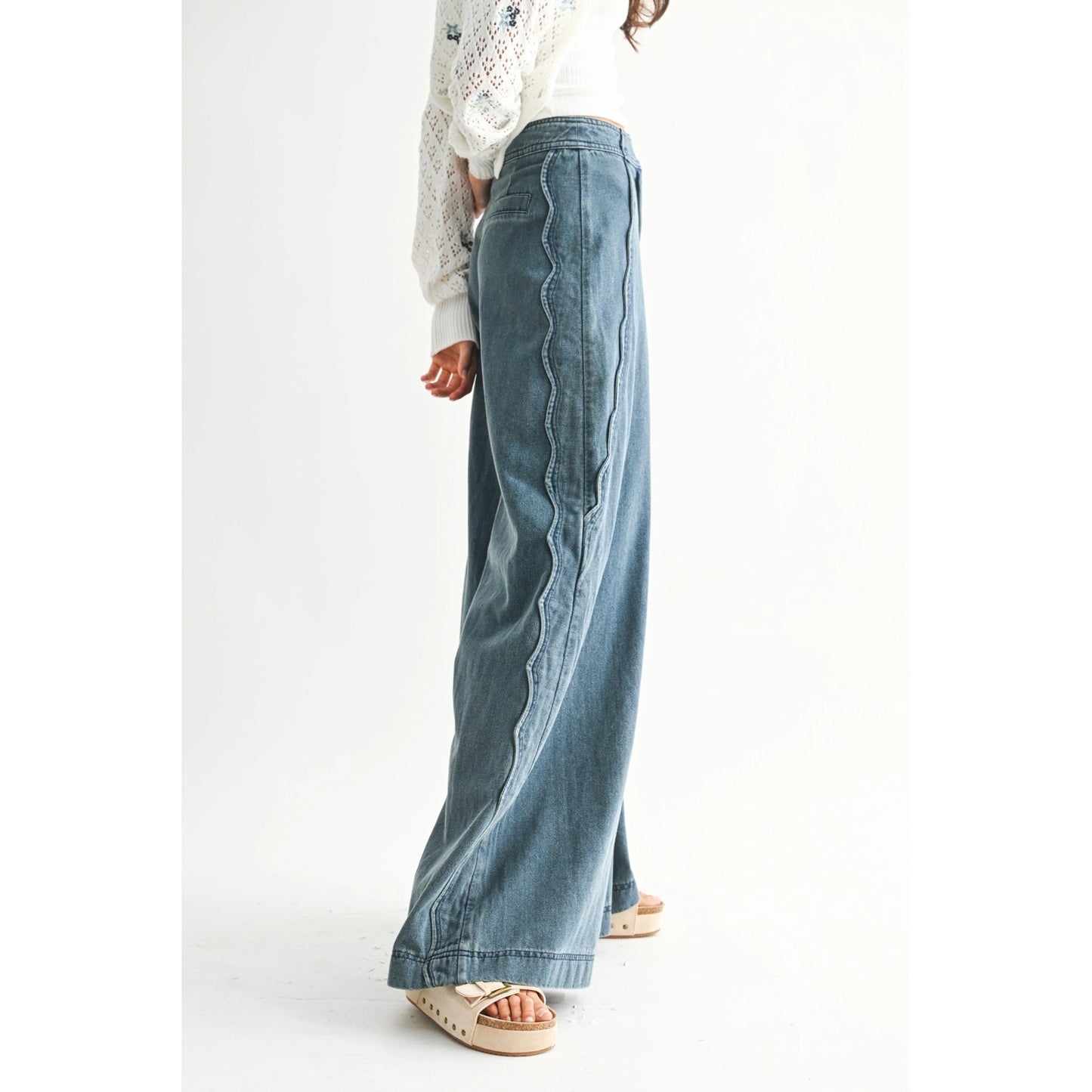 Scalloped Stretch Wide Leg Jean