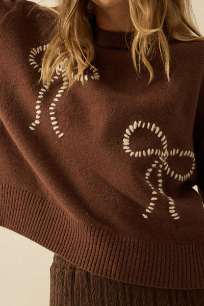 Bow Embroidered Sweater - Brown