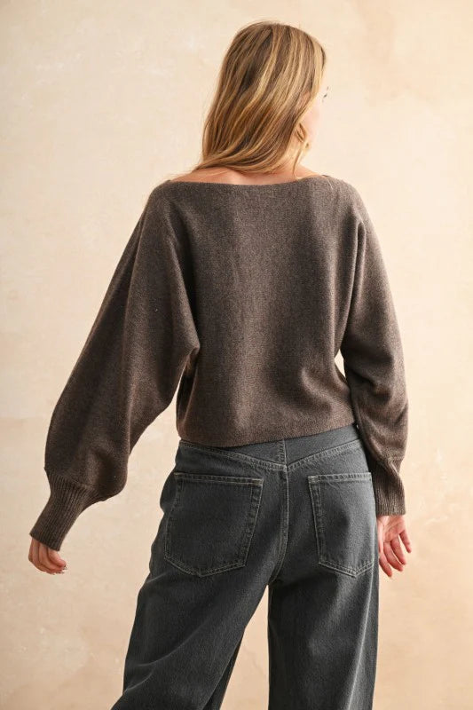 Boat Neck Sweater Top - Brown