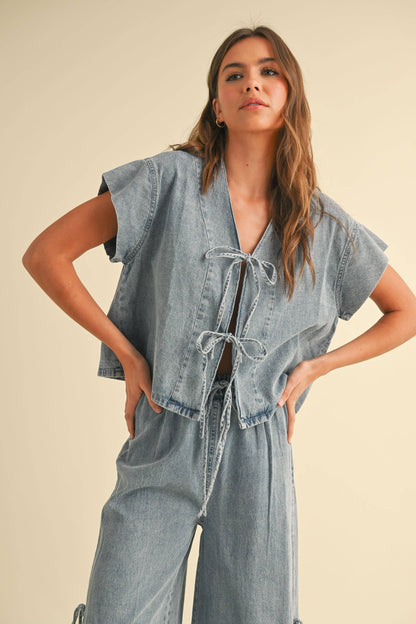 Denim Tie Front Blouse