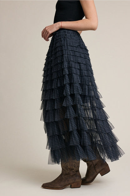 Lyla Plaid Mesh Ruffle Skirt